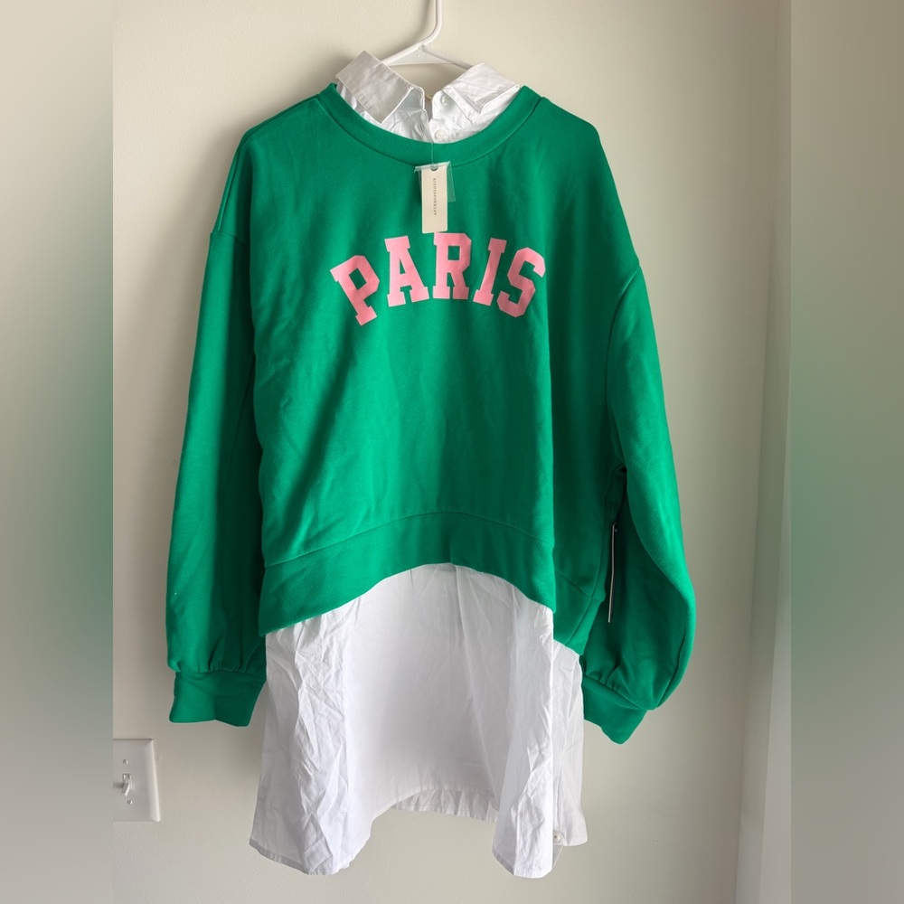 Anthropologie Green 'PARIS' Pullover Sweater with Pink Lettering